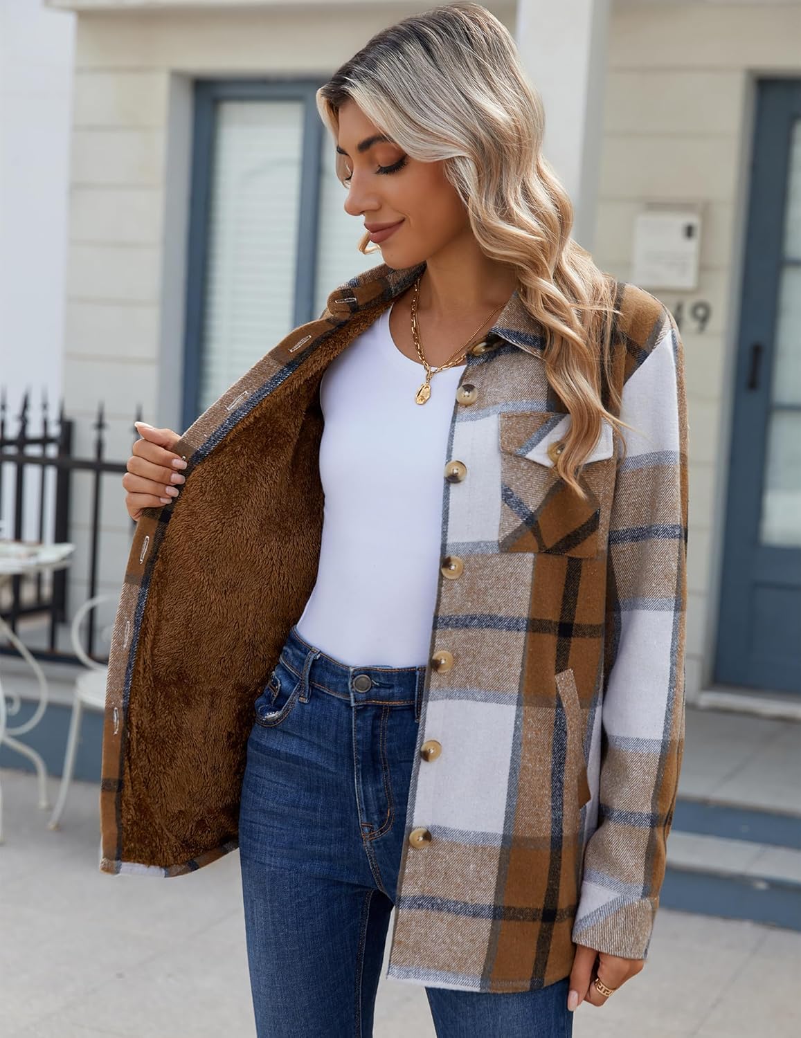 Zeagoo Women's Fleece Sherpa Jacket Casual Long Sleeve Button Down Flannel Shacket Shirt Winter Coat with Pockets - Image 2