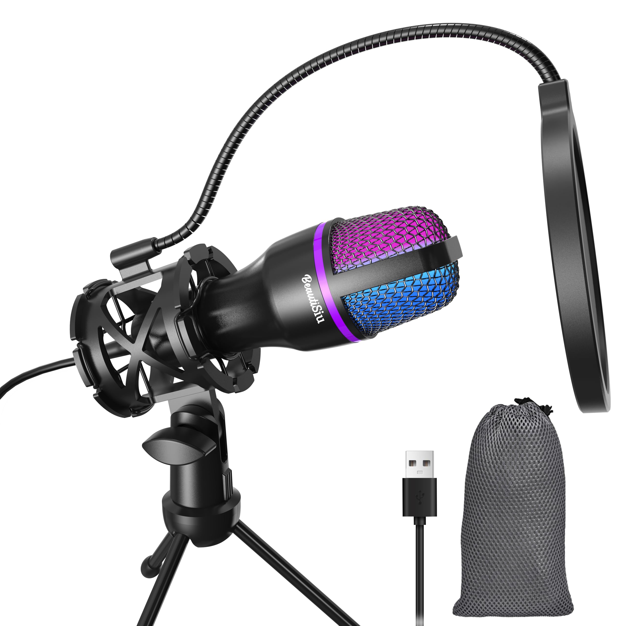 Microfono USB da gioco per PC - Microfono a condensatore RGB con treppiede, filtro pop, per streaming, podcast, chat online e videoconferenze