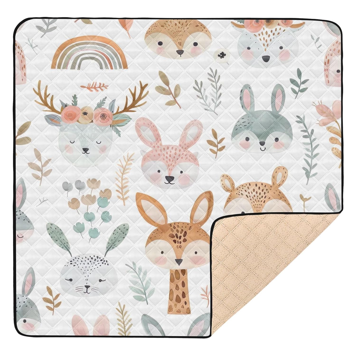 YETTASBIN Rainbow Animal Baby Play Mat for Floor 50 x 50 Inch - Portable Soft Quilted Crawling Mat Waterproof Foldable Playpen Mat with Non-Slip Bakcing for Baby Infant Toddler Tummy Time