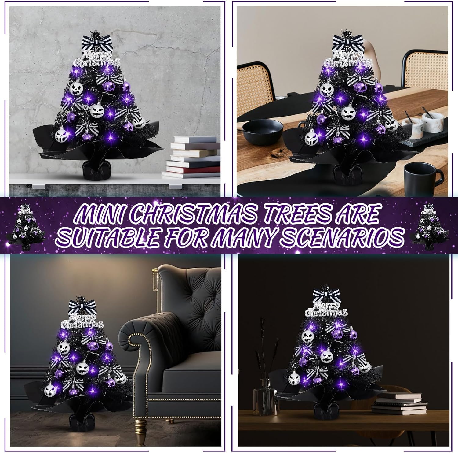 Syhood 1 Pack 18 Inch Mini Black Christmas Tree Set with Lights Christmas Small Tabletop Tree Decoration for Holiday Home Office Xmas Party Desktop Decor