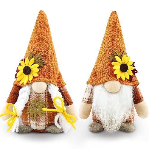 Godeufe Set of 2 Autumn Gonk Decorations Gnomes Plush Handmade Harvest Sunflower Maple Leaf Elf Dwarf Decor for Farmhouse Holiday Home Kitchen Party