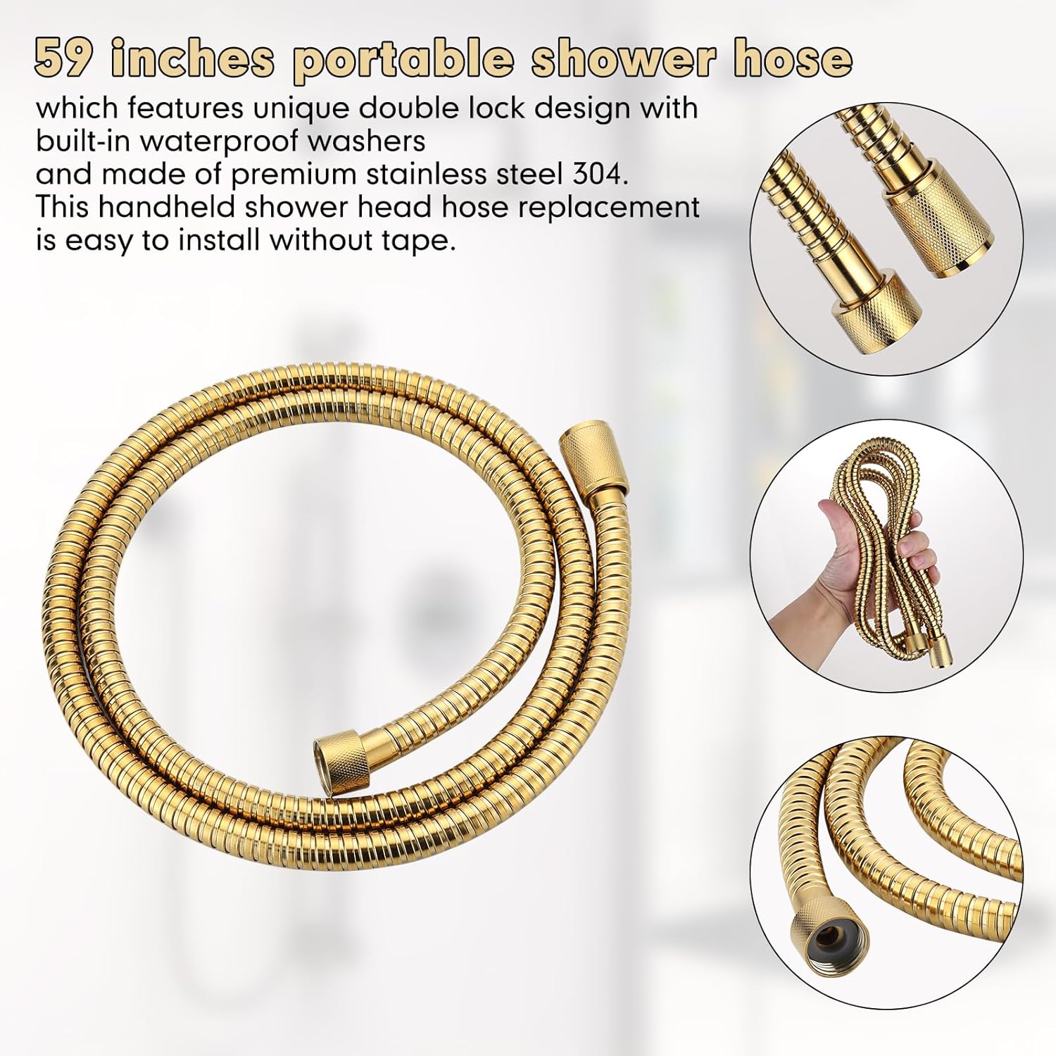 PureHaven 59" Metal Longlife Shower Hose, Gold, Suitable for GROHE Hand Shower, Durable Metal Construction