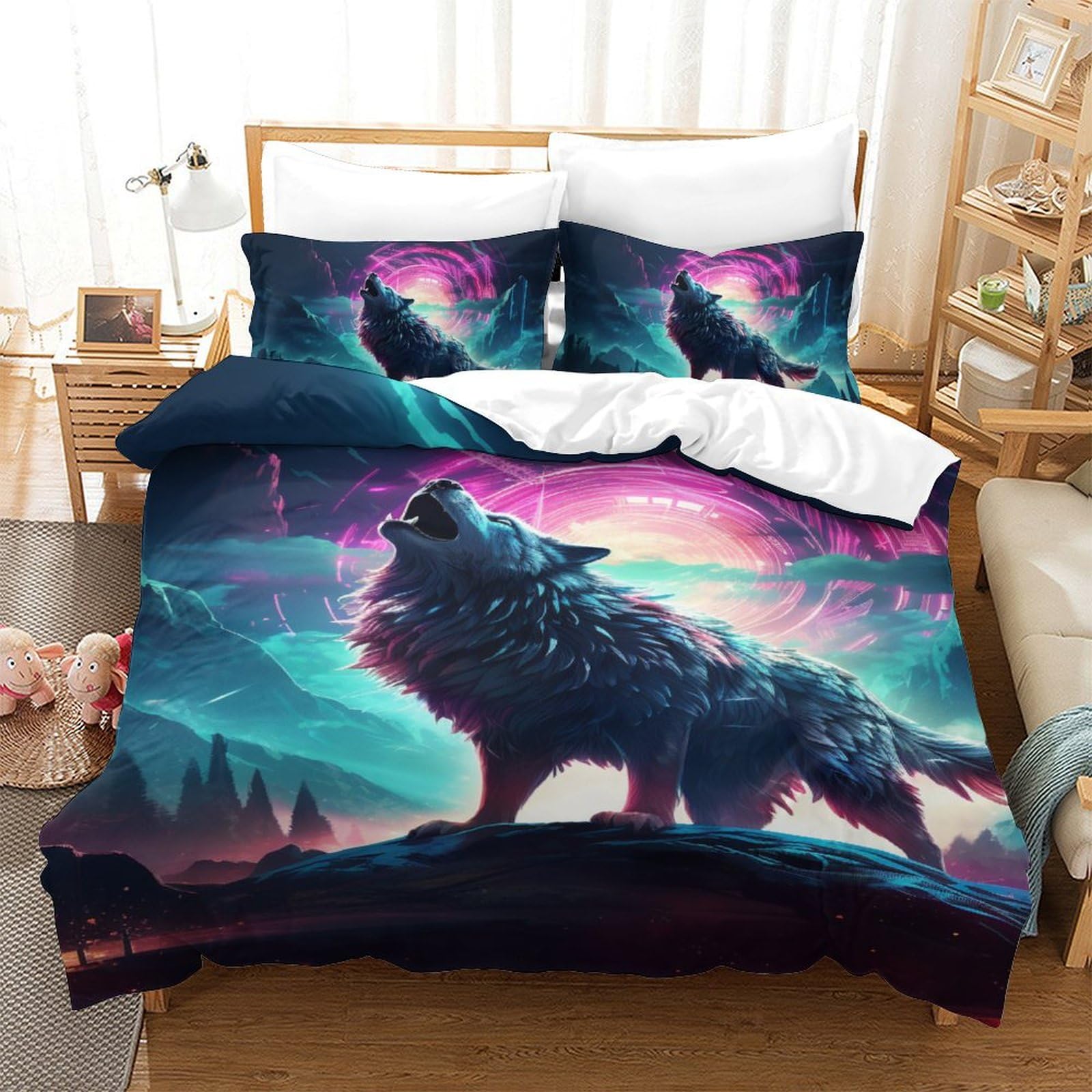 Housse de couette loup 140x200 parure de lit 3 pièces microfibre ado