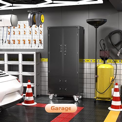 Miniatura 127 de Armario de almacenamiento de metal con tablero de clavijas de 31.5 x 31.5 x 16.5 pulgadas, armario de almacenamiento de acero con cerradura con 5