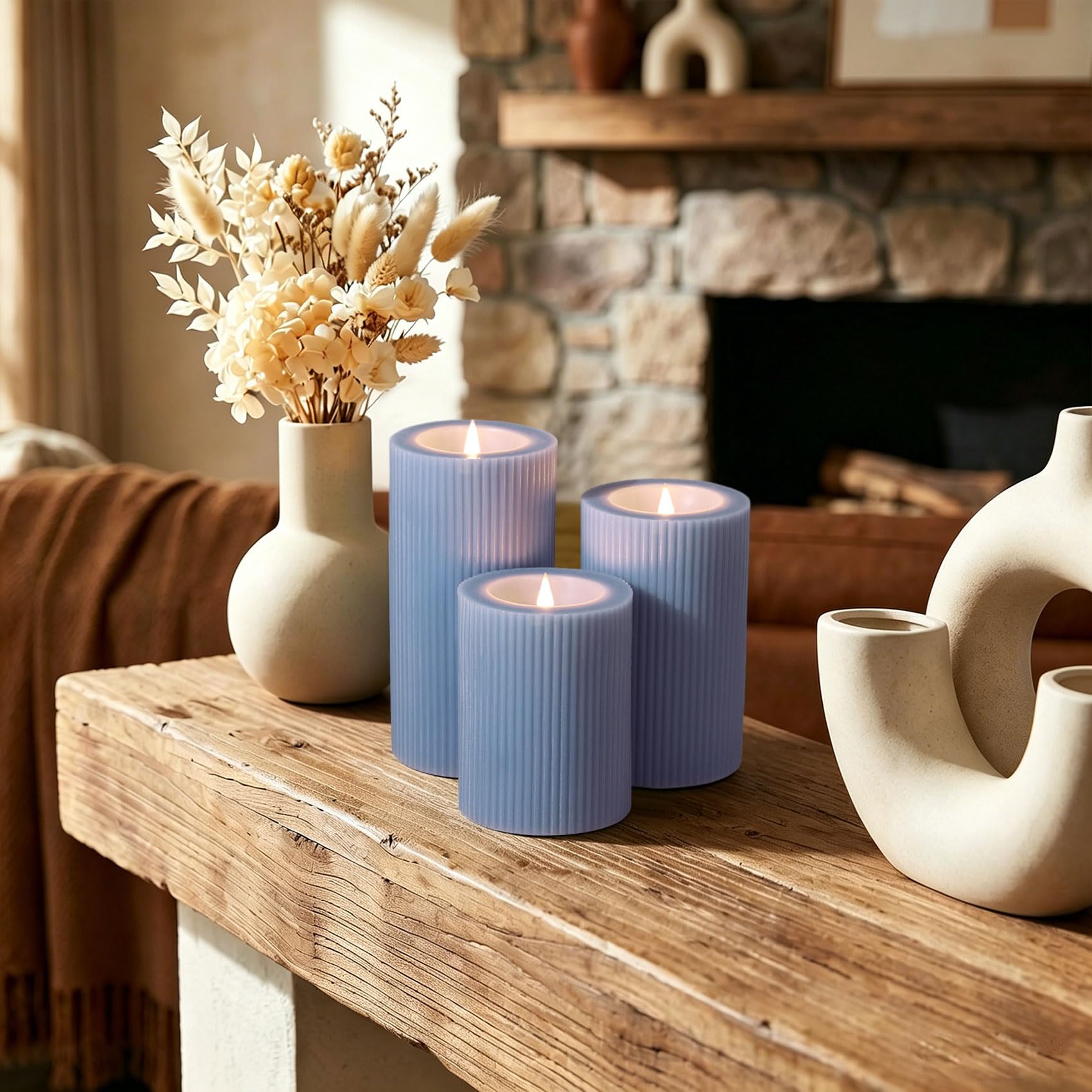 Candele a pilastro senza fiamma a coste blu polveroso con telecomando, fiamma tremolante in movimento, candele a LED di cera a batteria, decorazione per la casa, set di 2