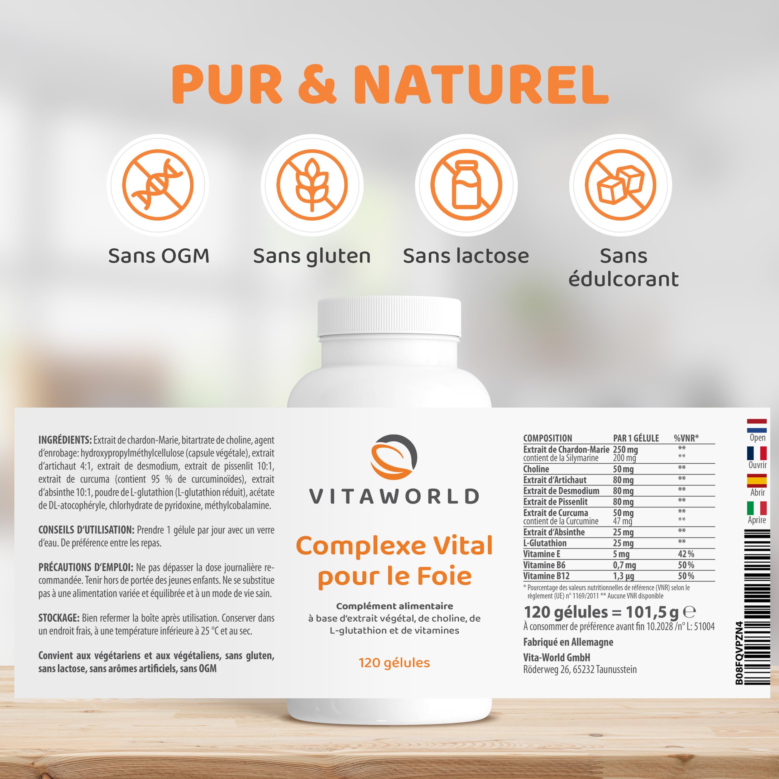 Complexe chardon-Marie, artichaut et pissenlit (120 gélules végétaliennes) – 2 mois – La choline soutient la fonction hépatique et la détoxification – Complexe Vital pour le Foie vitaworld