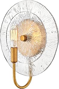 Fredrick Ramond Rene Medium Single Light Wall Sconce - Clear Pressed Glass Disc, Exposed Bulb ATOP Simplified Socket - Distressed Brass Finish