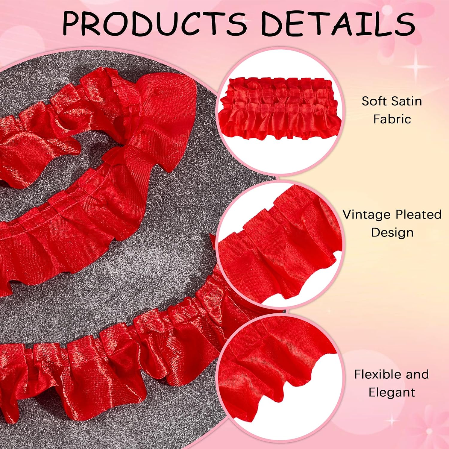 5 Yard 1.57" Satin Ruffle Pleated Trim, Red Satin Gather Pleated Ribbon