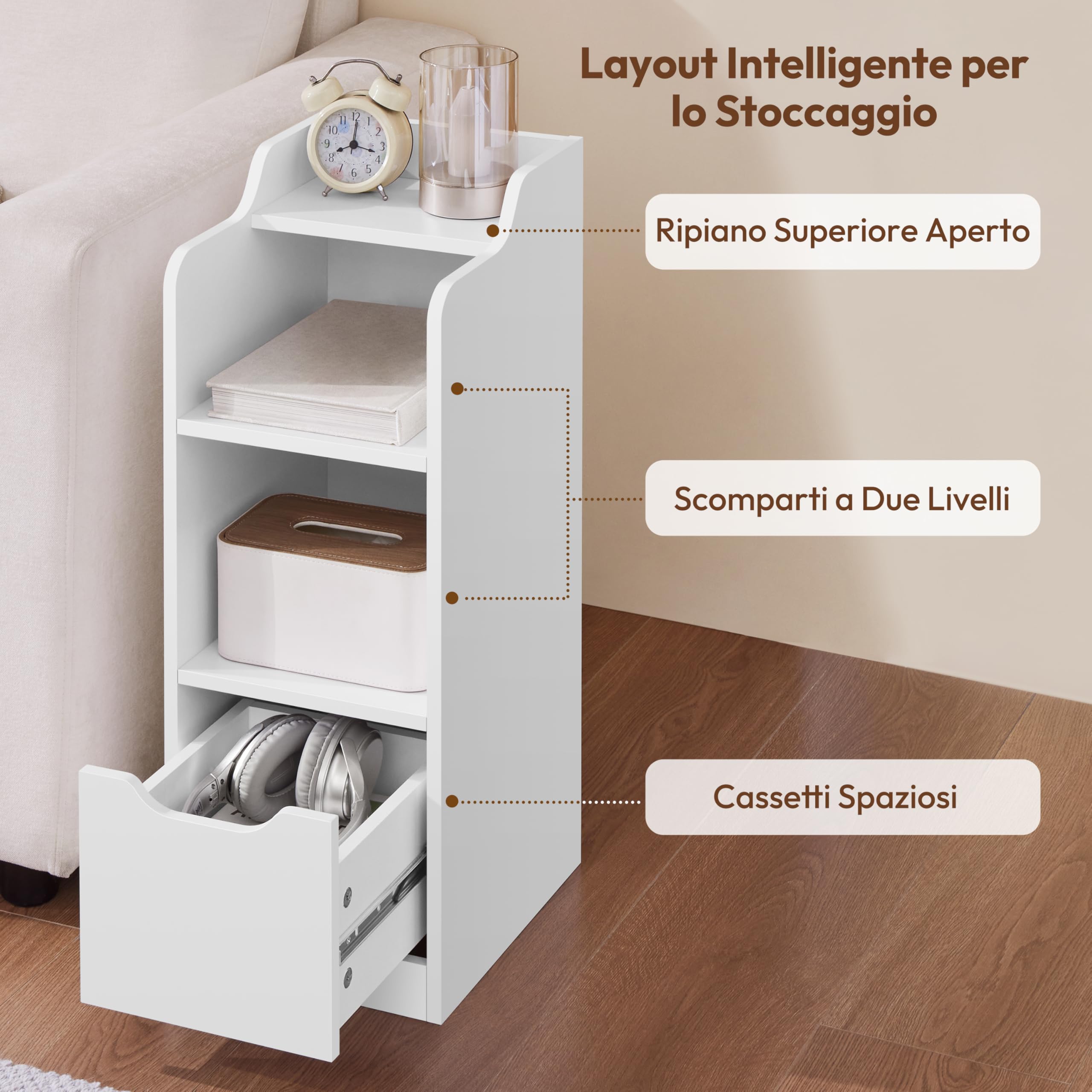 Yaheetech Comodino Stretto, Comodino con Cassetto, 2 Scomparti Apert e Ripiano Superiore, Tavolino da Notte Salvaspazio per Camera da Letto, Soggiorno, Bianco 25 x 35 x 65 cm