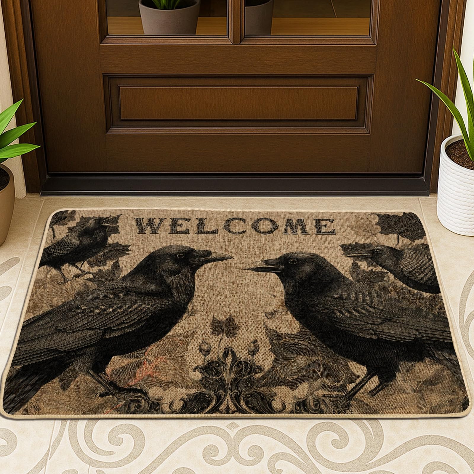 Autumn Raven Doormat, Black Crows Door Mat for Outdoor & Indoor Welcome Decor, Rubber Waterproof Non-Slip Dust Absorbent Front Doormats, Easy Clean 29x17 Inch
