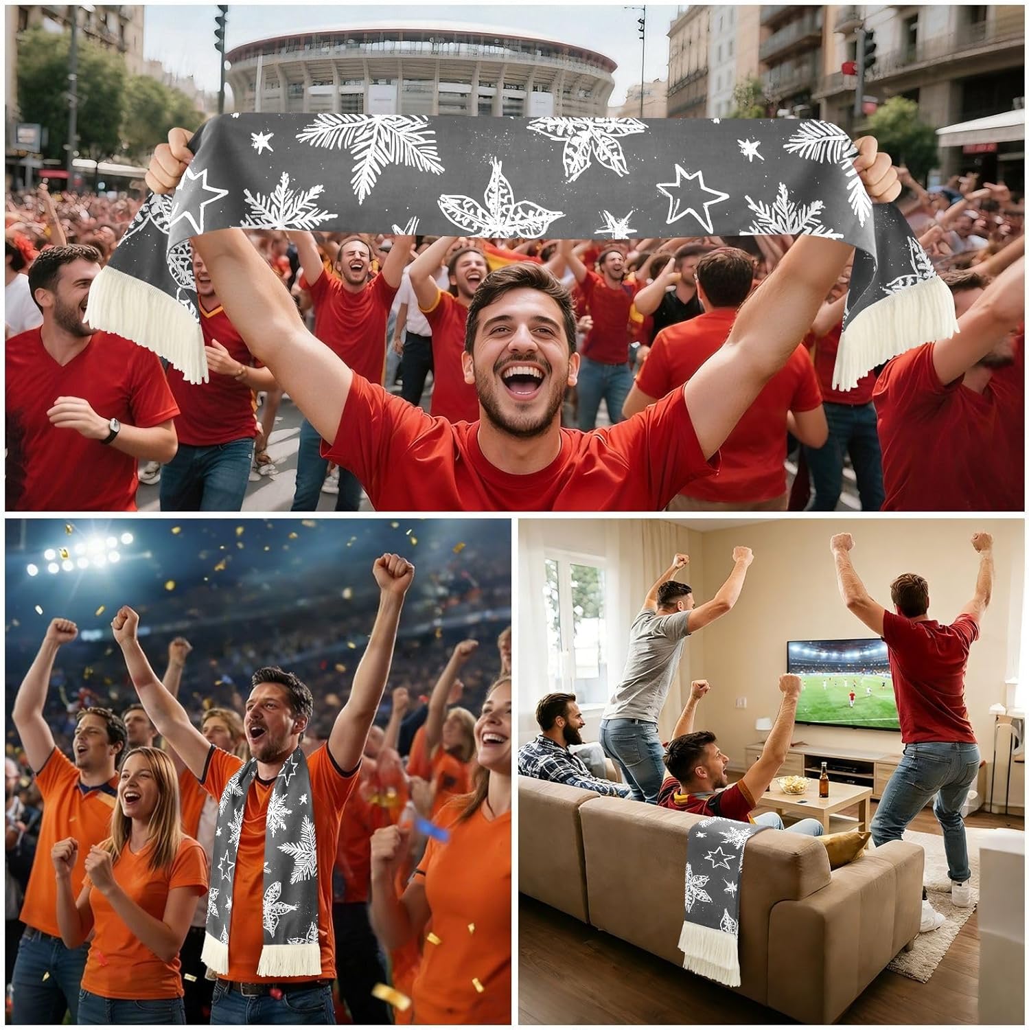 CHIFIGNO Snowflakes Stars Black Sports Fan Scarf for Game Day, Soft Polyester Wrap, Quick Dry Fabric with Fringe Decor