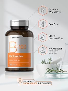 Horbaach Vitamin B-100 Complex | 100% of Daily Value | 300 Tablets | Vegetarian, Non-GMO, and Gluten Free Supplement