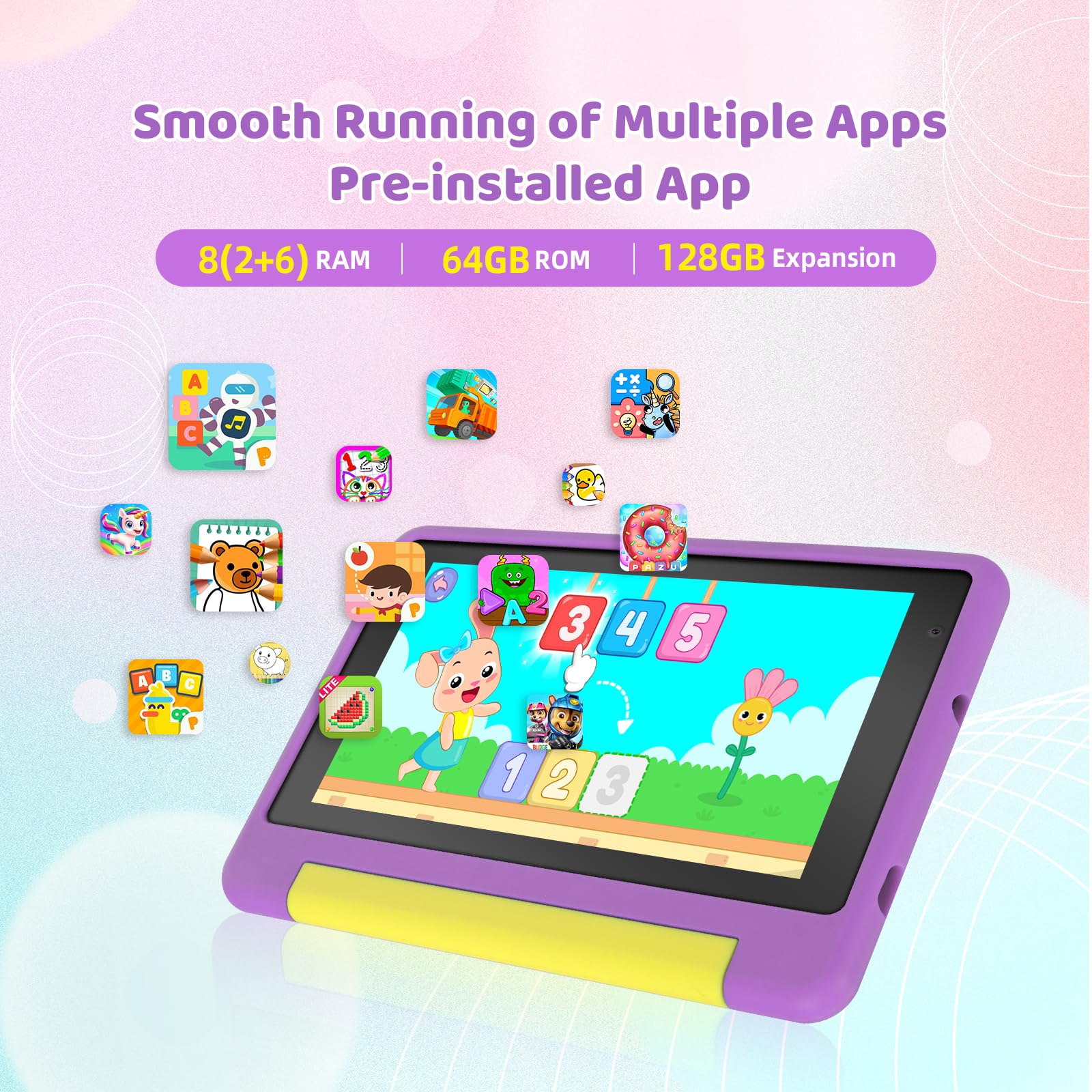 Whitedeer 2026 Latest Kids Tablet, 7 inch Tablet for Kids 3-7 Ages 8GB RAM +64GB ROM, Android 13, Parental Controls, Dual Camera, Wi-Fi, Bluetooth, Type-C, Impact Resistant Case, Gift,Purple - 4