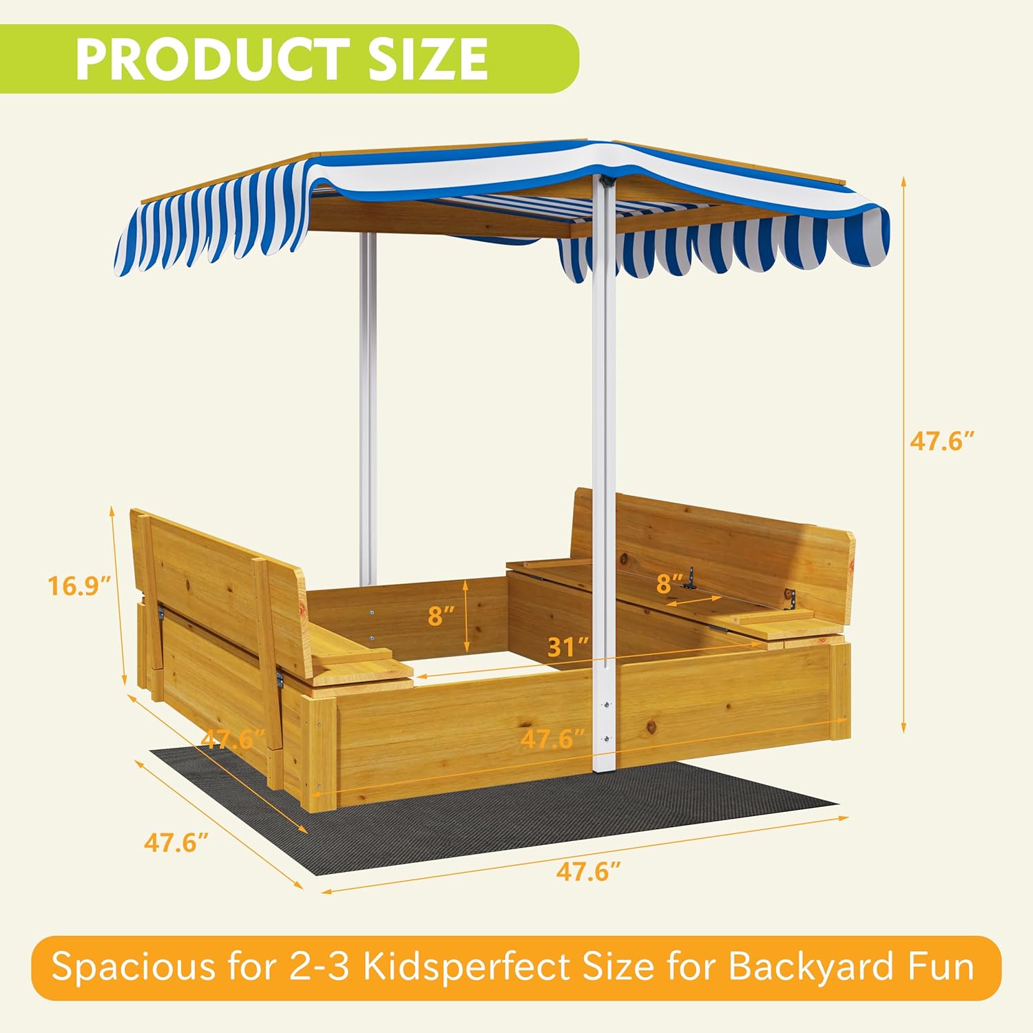 Sand Box with Lid and Cover -Sandbox with Adjustable Canopy, Storage and Bottom Liner Wooden Sand Pit Bench for Backyard Outdoor Indoor Playgrounds for Kids Ages 4-8 (Oak)