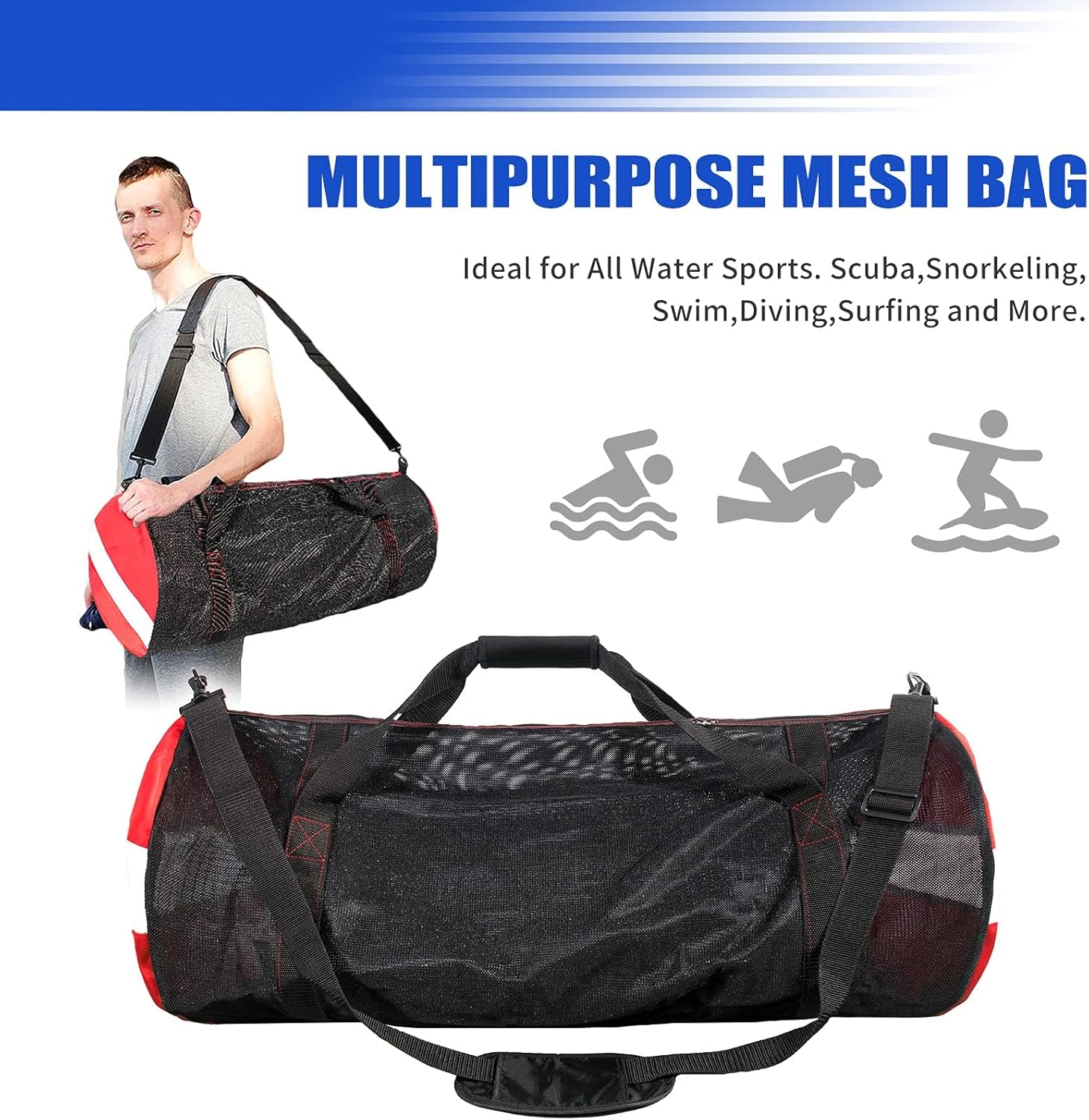 Mesh Duffle Bag, XL Dive Bag with Padded Removeable Adjustable Shoulder Strap and Wrap Handle, Scuba Gear Bags for Diving, Snorkeling, Freediving, Swimming, Spearfishing, Beach (XL-Black)