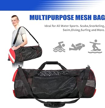 100L Mesh Duffle Bag, Durable Dive Bag for Scuba Diving Equipment | Mesh Beach Bag with Padded Removeable Adjustable Shoulder Strap and Wrap Handle for Diving Snorkeling Beach Swimming Pool