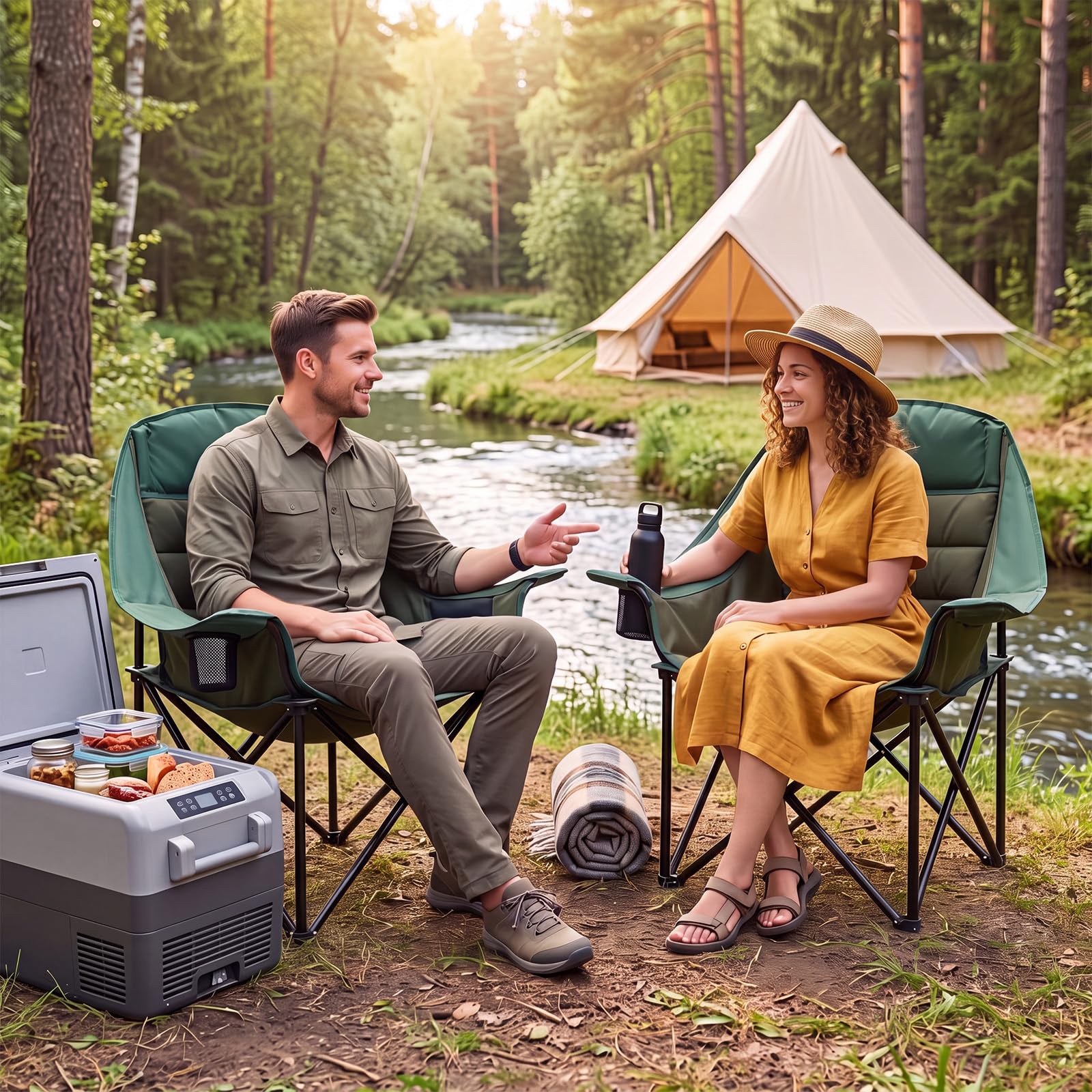 GOPLUS Chaise de Camping Pliante, pour Plage/Pêche/Randonnée | Fauteuil de Peche Surdimensionné Portable avec Porte-Gobelets, Poche en Maille et Sac de Transport pour Pêche Jardin Plage