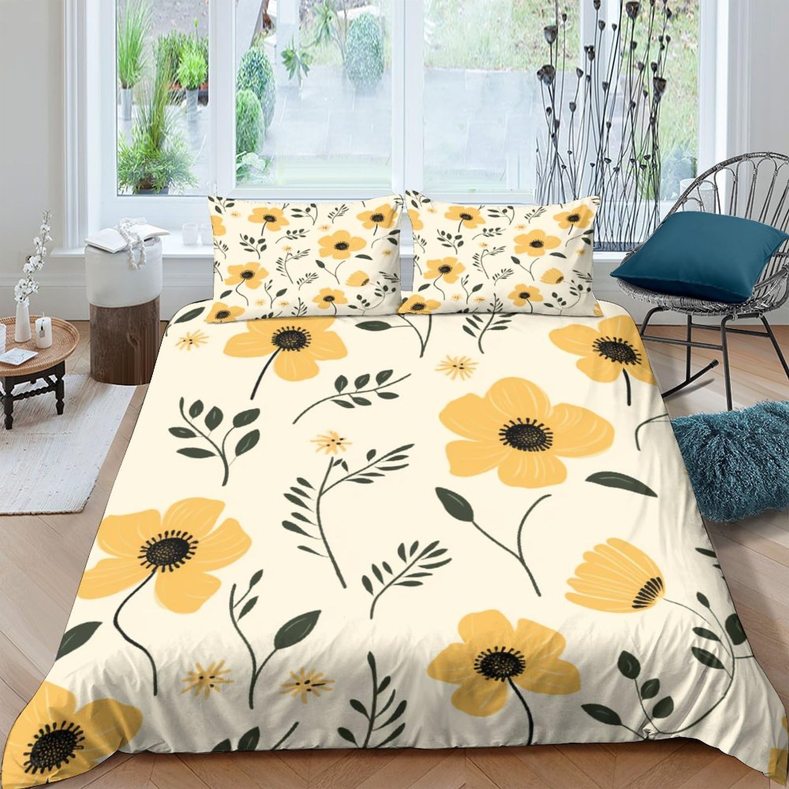 Parure housse de couette King 220x240cm IOFEER fleurs jaunes tissage haute densité douceur coton