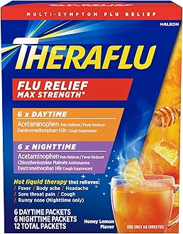 Theraflu Max Strength Daytime Flu Symptom Relief - 6 Ct Plus Max Strength Nighttime Flu Medicine for Flu Symptom Relief - 6 Ct Combo, 12 Count (Pack of 1)