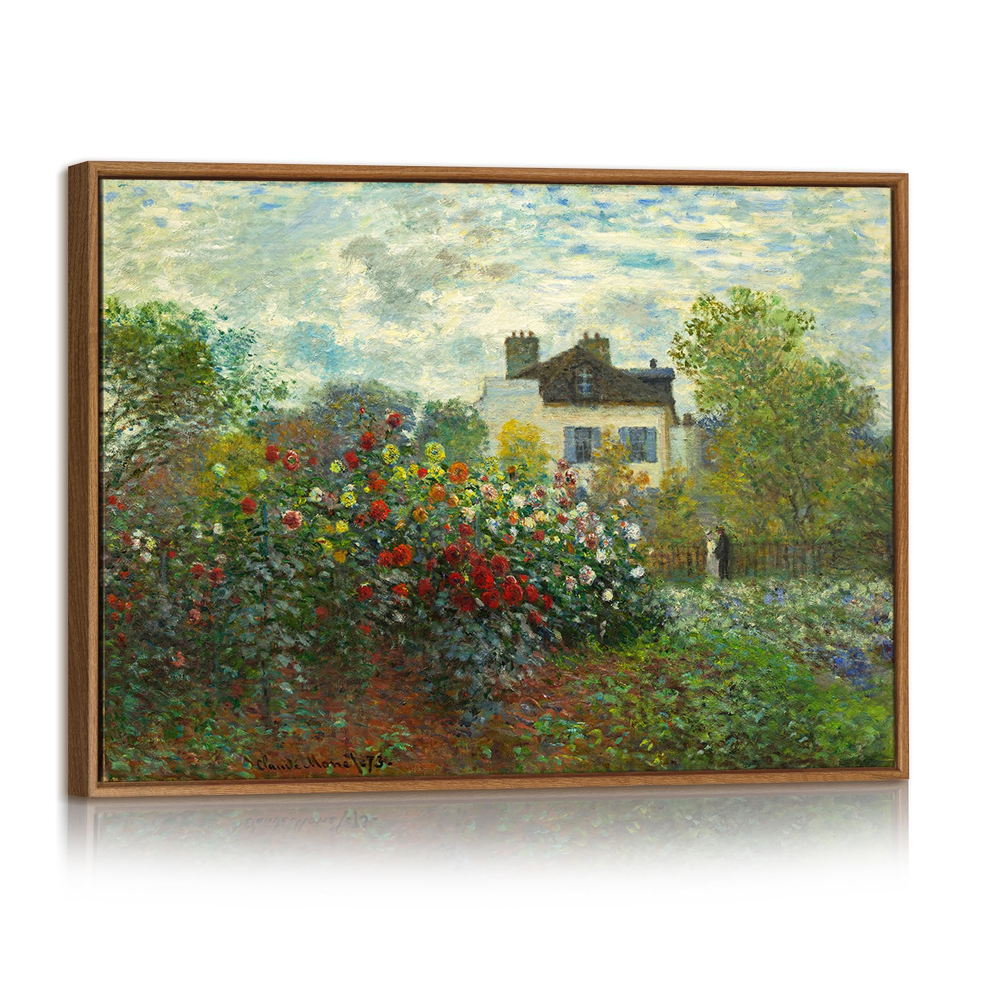 Monet Flower Garden Framed Canvas Wall Art Ptints Reproduction, Vintage Green Floral Scenery Wall Painting France Country Canvas Picture Relax Home Decor for Bedroom Living Room Office Study 30X40cm