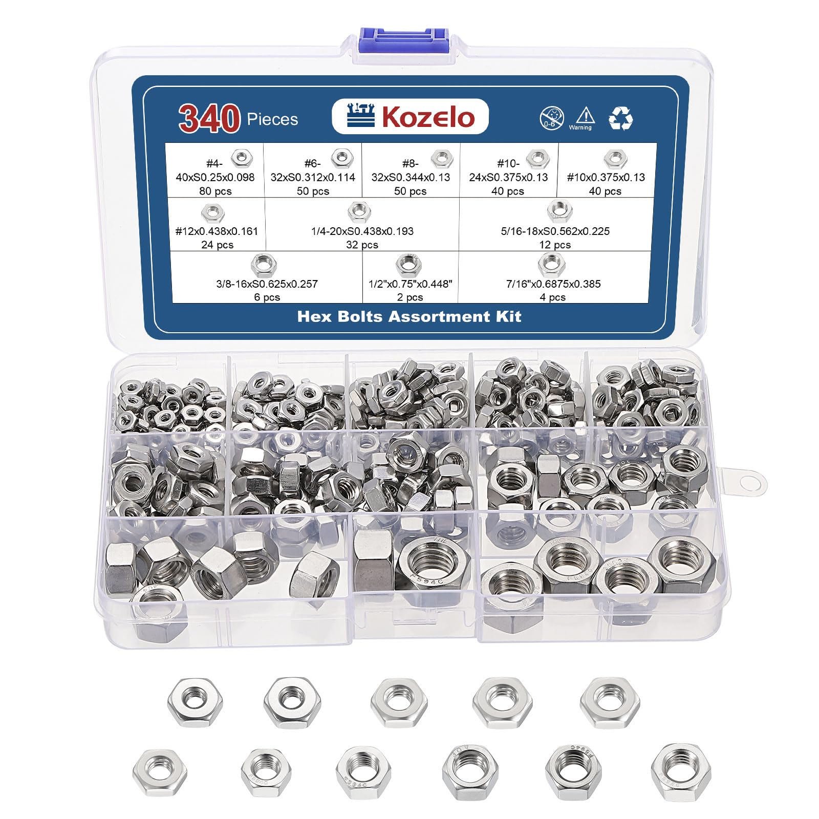 Kozelo 340pcs Hex Nuts Assortment Kit - [#4#6#8#10-24#10-32#12 1/4" 5/16" 3/8" 1/2" 7/16"] 304 Stainless Steel 18-8 (A2-70) Hardware Nuts for Mechanical Repair & Assembly, Silver