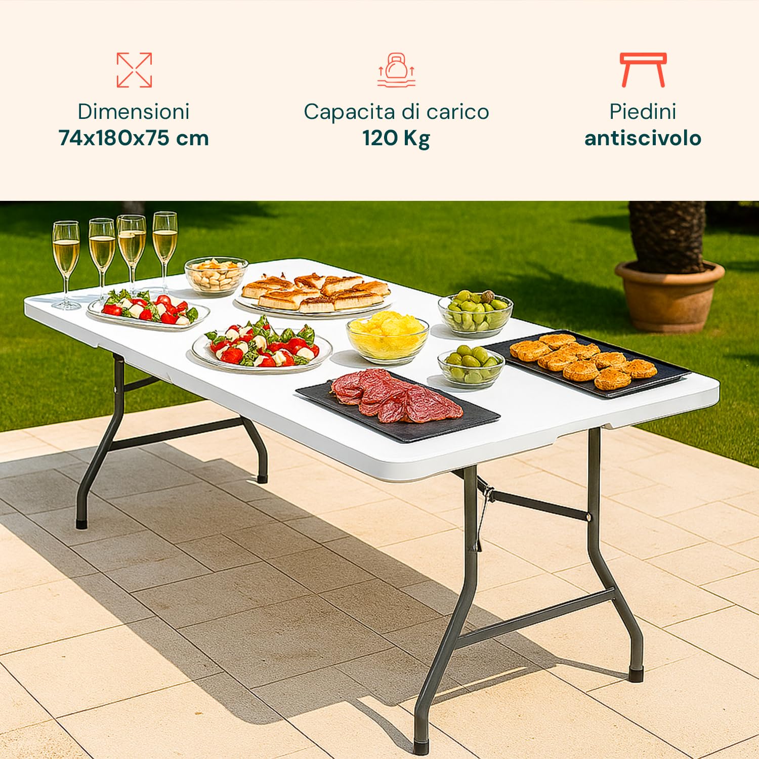 Clori Tavolo Pieghevole Portatile: Ideale per Giardino, Campeggio e Buffet, Leggero, Salvaspazio, Durevole, con Sistema di Blocco di Sicurezza, Fino a 6 Persone - 180x70x74 cm