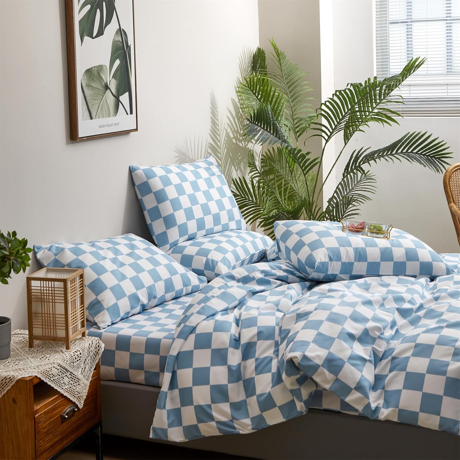 Pureant Blue and White Plaid Comforter Set Twin Blue Checkerboard Grid Bedding Comforter Sets Buffalo Grid Twin Comforter for Women Men Soft Checkered Geomertic Comforter Sets