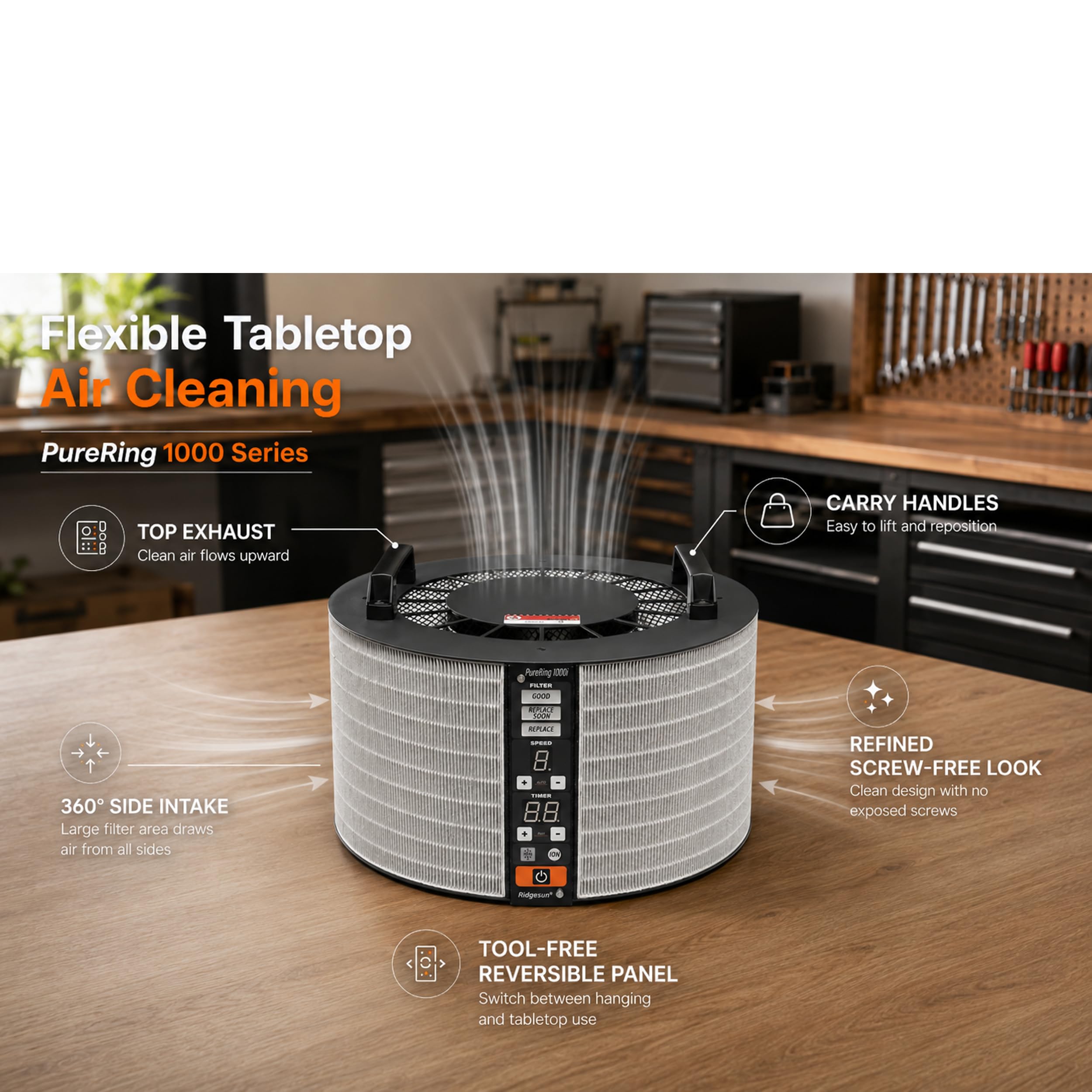 PureRing 1000i 1040 CFM Shop - Sistema di filtrazione dell'aria per la lavorazione del legno, filtro dell'aria ad anello con motore BLDC, telecomando e timer 24h, uso portatile da tavolo o da
