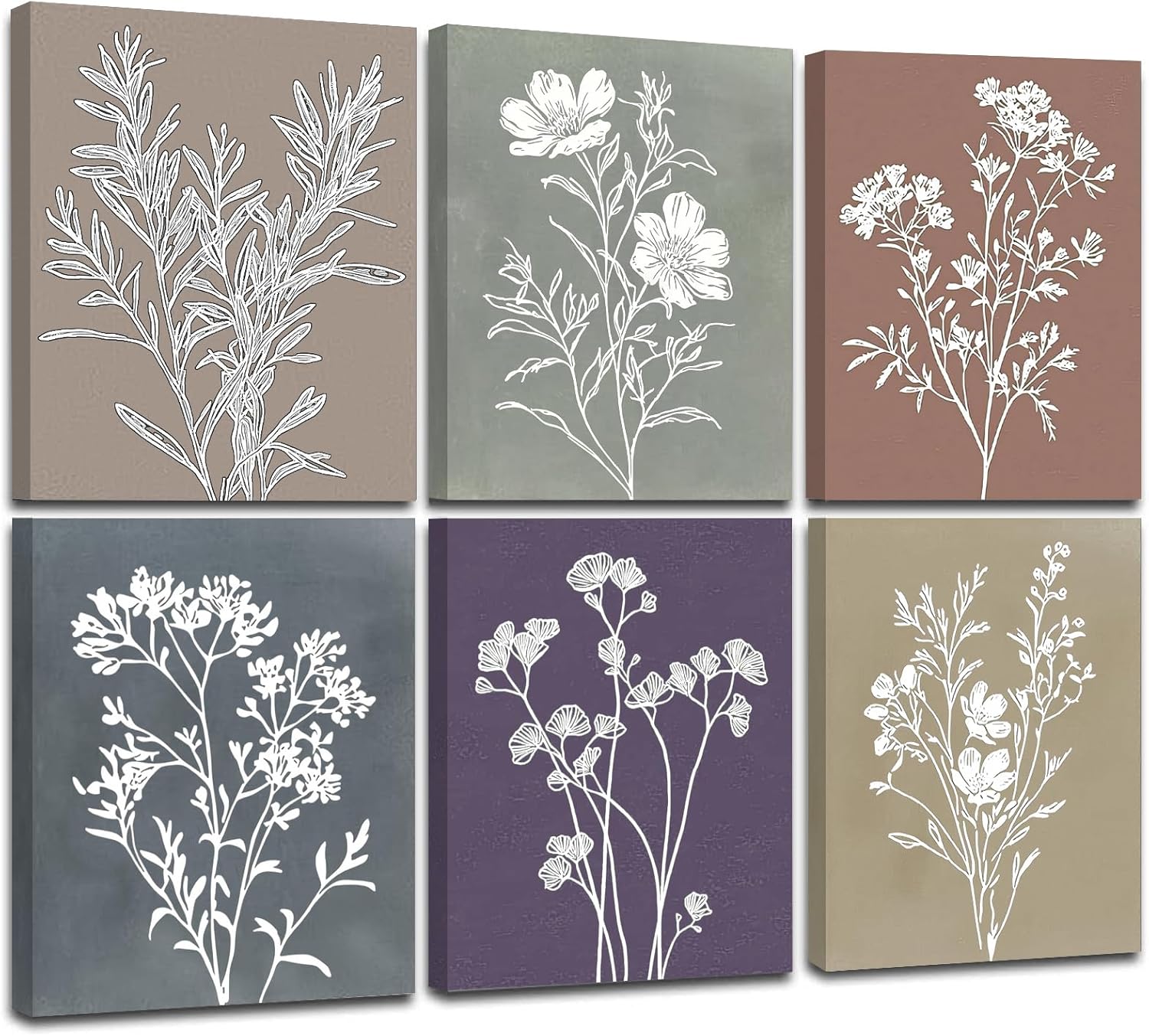 WALTSOM Framed Boho Floral Wall Art, Minimalist Botanical Canvas Prints, Vintage Farmhouse Flower Wall Decor for Bedroom, Bathroom, Kitchen (Framed, 8x10in, Set of 6)