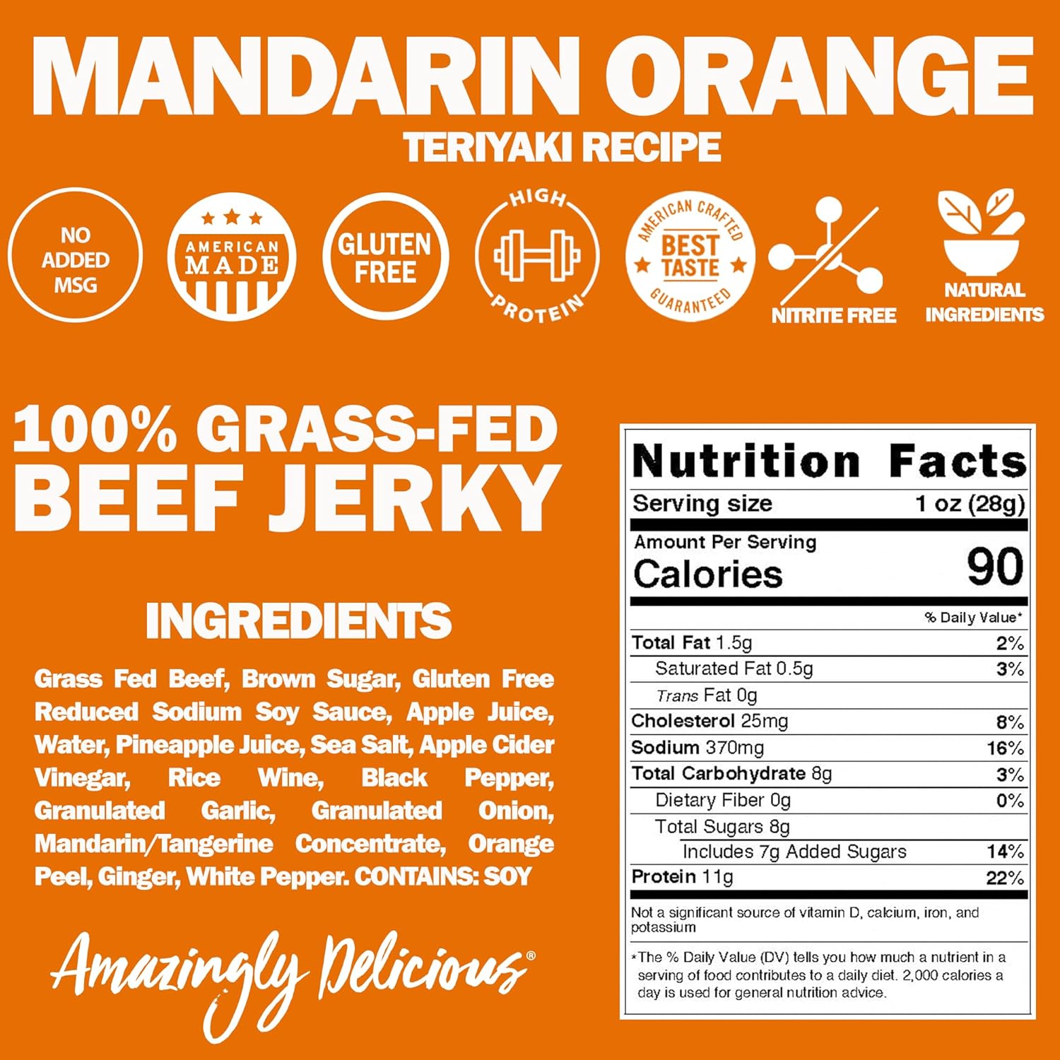 Field Trip Grass Fed Beef Jerky, Healthy Gluten Free Snacks, All Natural, Paleo-Friendly Beef Jerky, High Protein, Low Carb Snack with No Nitrates, 2.2oz Bag, 4 Pack, Mandarin Orange Teriyaki