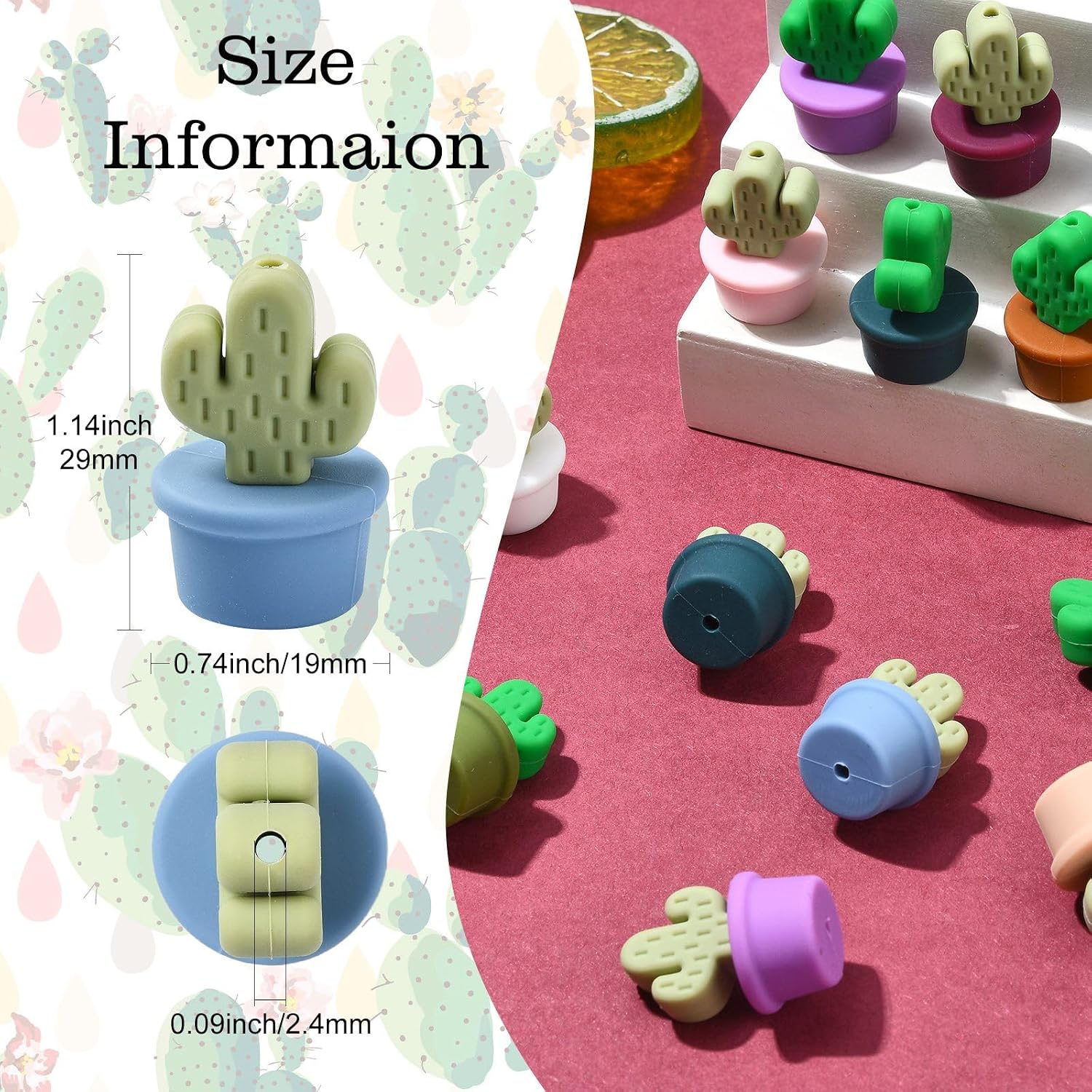 21 pcs 21 Colors Potted Cactus Theme Silicone Focal Beads Tropical Desert Plant Spacer Beads for DIY Jewelry Necklace Beadable Pens Bracelets Keychain Making Craft Decor