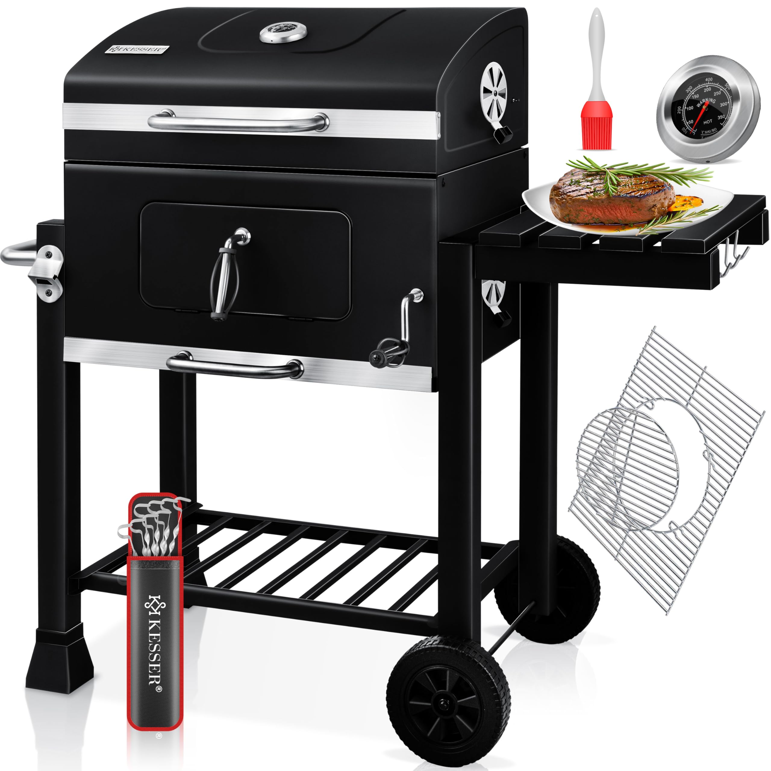 KESSER® Parilla de Carbón con Carrito Grill con Tapa, Ruedas, Mango de Acero Inoxidable | Barbacoa y Termómetro Carbón Grande BBQ Asador Camping, Terraza, Jardín XL Negro