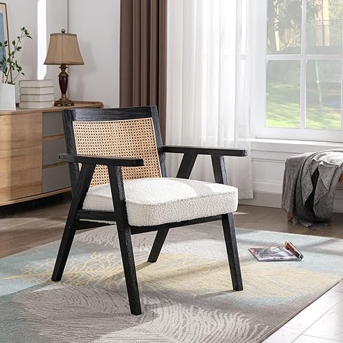 Silla Accent de ratán, sillas tapizadas de piel sintética con respaldo de bastón, silla moderna retro de mediados de siglo, sillón de caña para
