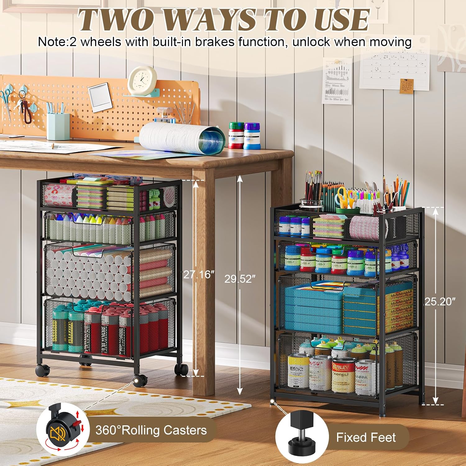 4-Tier Rolling Utility Cart with 3 Drawers, Craft Organizer and Storage with DIY Divider, Art-Craft Supplies with Caster Wheels, Multi-Functional Storage For Classroom, Office, Paints, Artifacts - Image 2