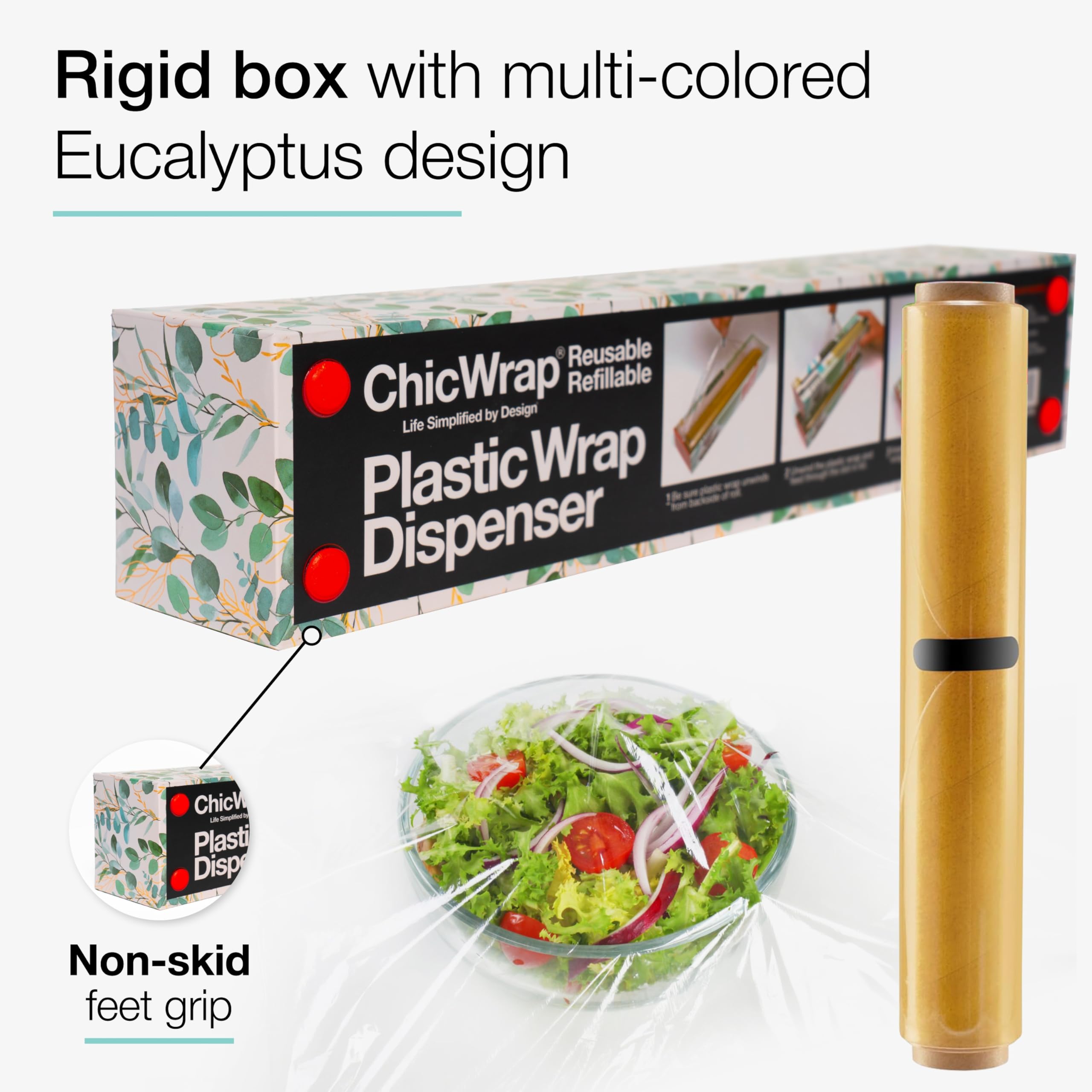 ChicWrap Distributeur de film plastique rechargeable à l'eucalyptus – Un rouleau de film plastique de qualité professionnelle de 30,5 cm x 75,2 m – Sans BPA et certifié casher – Distributeur