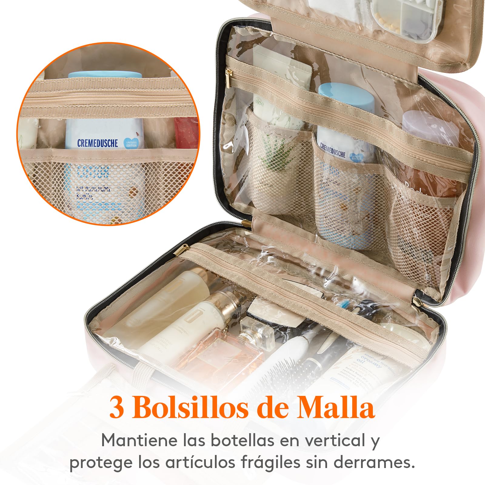 Lifewit Neceser Mujer Viaje, Bolsa de Maquillaje Organizador para Colgar, Grande Bolsas de Aseo con 4 Compartimentos Transparentes, Makeup Bag con Gancho, Grande, Rosa
