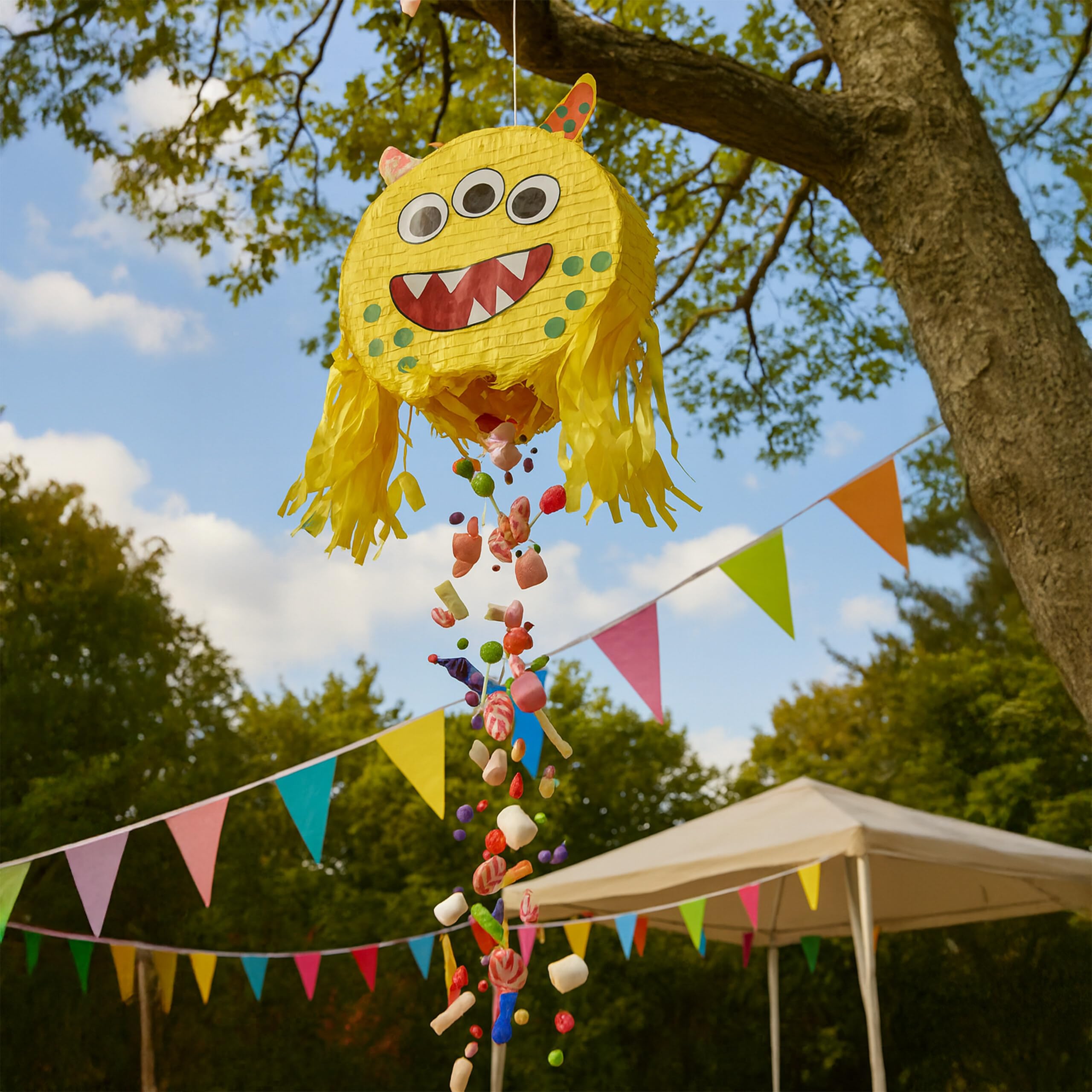 Relaxdays Piñata Mostro riempibile con Bastone e Maschera, 35x34x9 cm, Multicolore per Feste e Compleanni