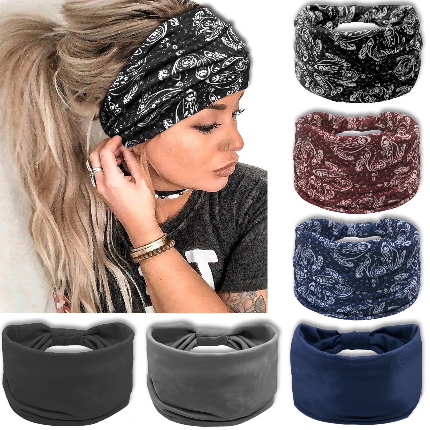 VENUSTE Wide Headbands for Women's Hair, Fashion Knotted Head Bands for Adult Women Hair Accessories 6PCS (Boho Set1)