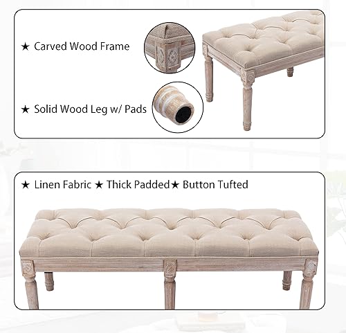 Miniatura 16 de Banco de entrada tapizado de tela, banco de piano copetudo para 2 personas, patas de madera de goma con hermoso patrón tallado para dormitorio, sala