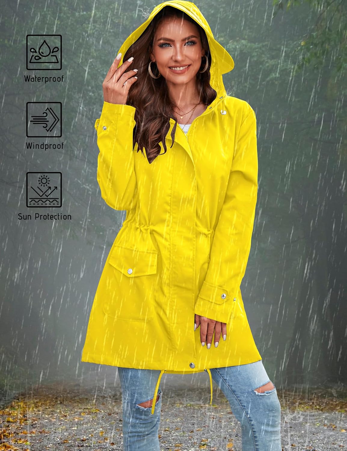 Bloggerlove Rain Jacket for Women Waterproof with Hood Trech Coat for Women Lightweight Raincoats Long Windbreaker - Image 6