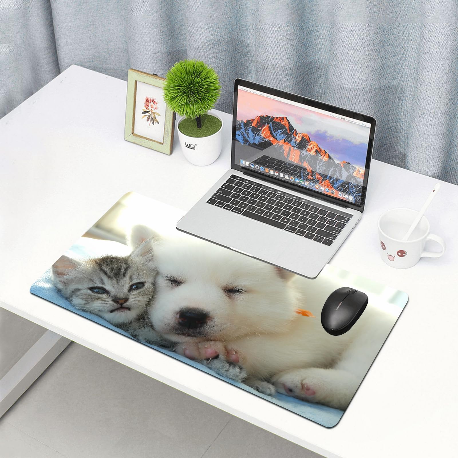 Tappetino per mouse da gioco,grande,antiscivolo,impermeabile,con bordi cuciti,foto di un gattino e un cane,per gaming,ufficio,casa,40x90 cm