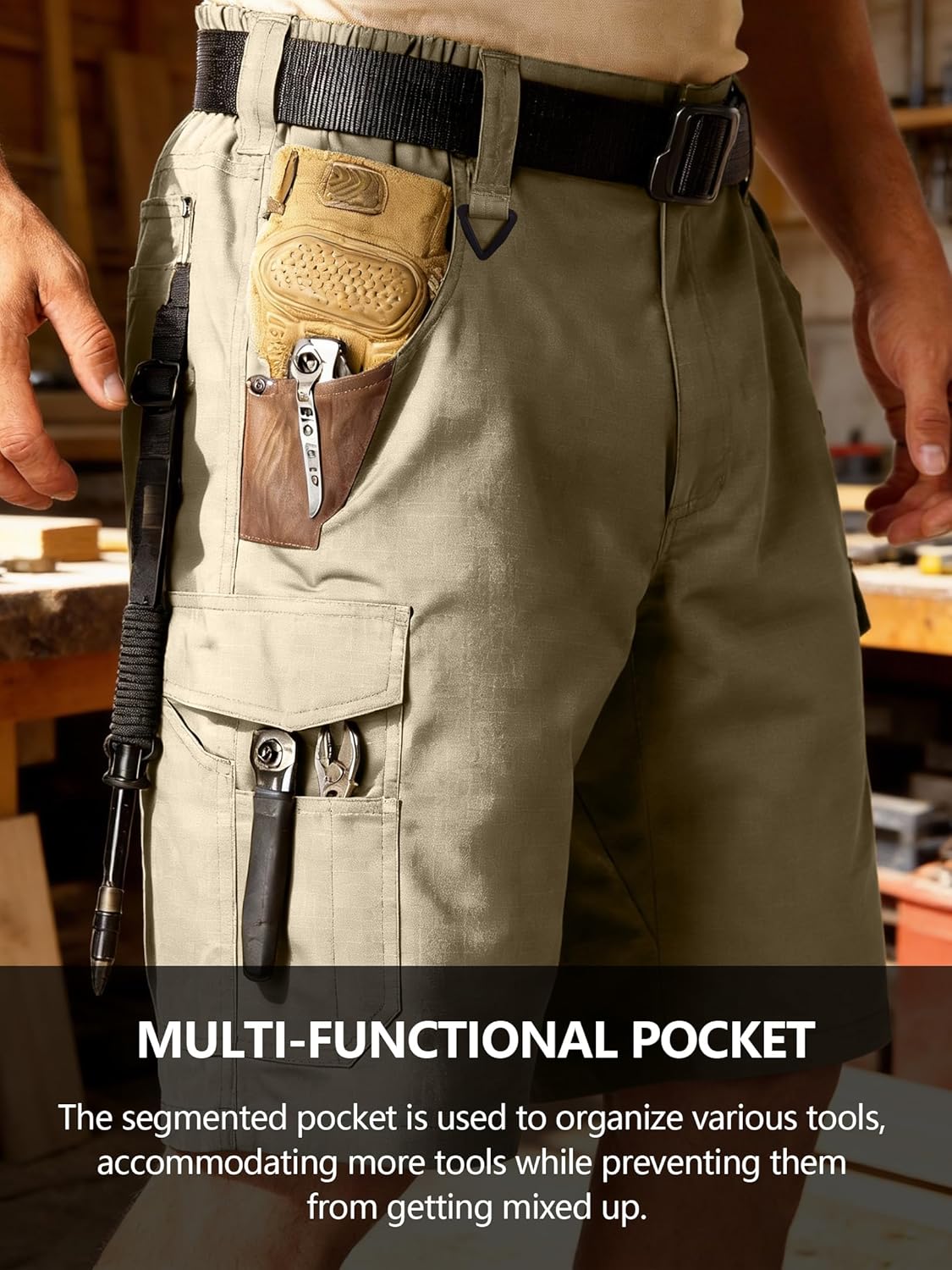 Men's Cargo Work Shorts Water Resistant Ripstop Tactical Tool Shorts for Outdoor Hiking Fishing with 14 Pockets(No Belt) - Image 5