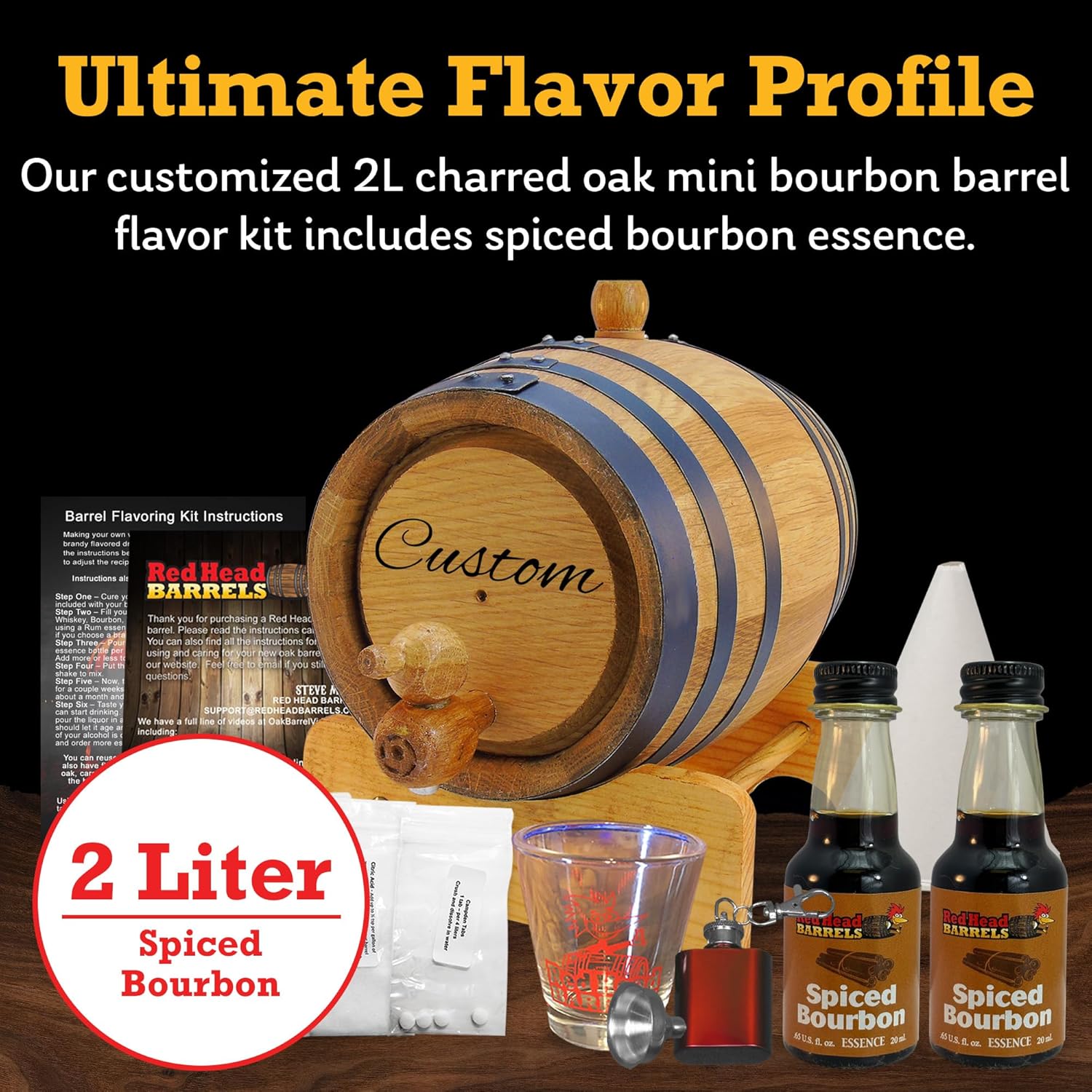 Red Head Barrels - 2 Liter Custom Engraved American White Oak Aging Barrel with Flavoring Gift Set, Free Shot Glass, Premium White Oak Wood Barrel & Homebrew Kit (Spiced Bourbon)