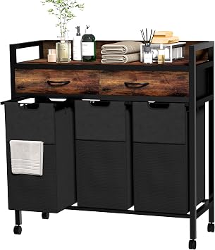 Laundry Sorter 3 Section,144L Hamper with Non-Woven Drawers,360 Rolling Laundry Basket,Pull-Out and Removable Oxford Fabric Laundry Bags,Rustic Brown and Black