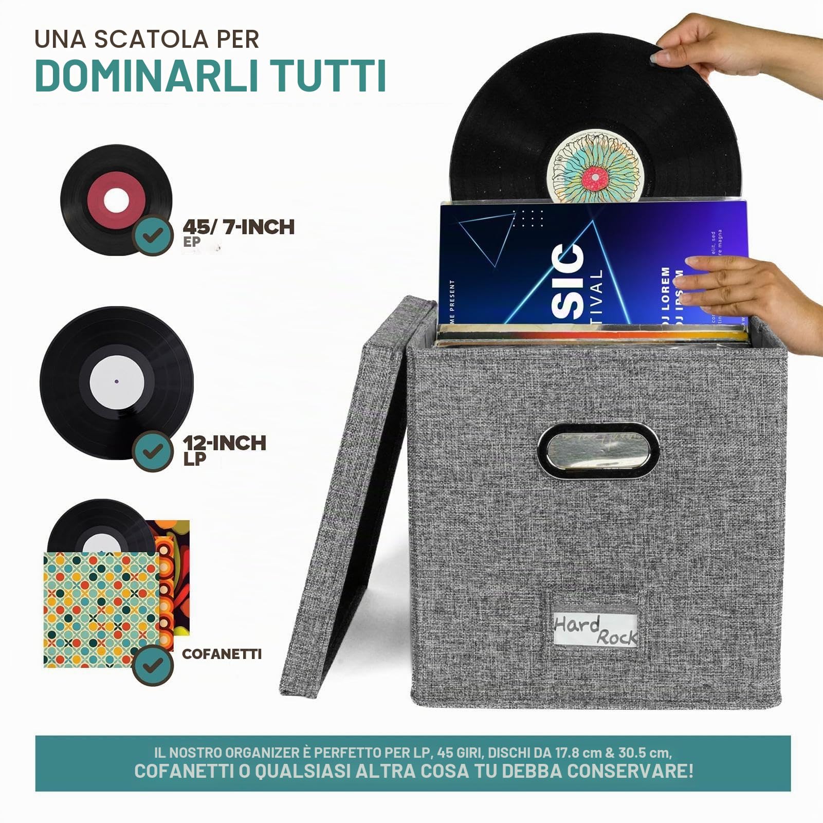 Scatola portaoggetti per dischi in vinile, impilabile e robusto, portatile, per ufficio, per gli amanti dei dischi, può contenere fino a 50 album