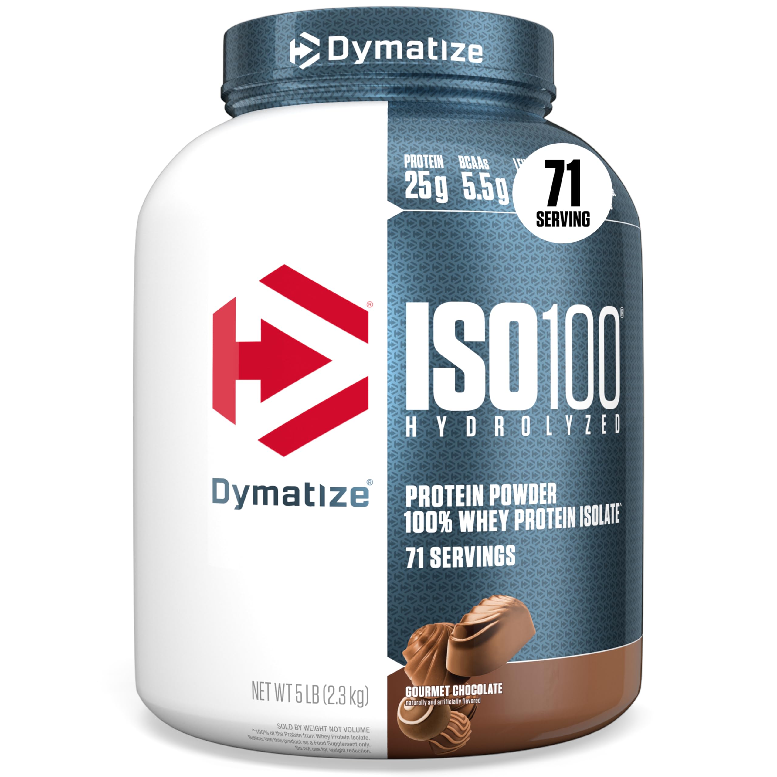 DymatizeISO100 Whey Protein Powder Isolate, Gourmet Chocolate, 25g of Protein, 5 Pound, 5.5g BCAAs, Less Than 120 Cal., Gluten Free, 1g Fat, 1g Sugar, 2g Carb (71 Servings)