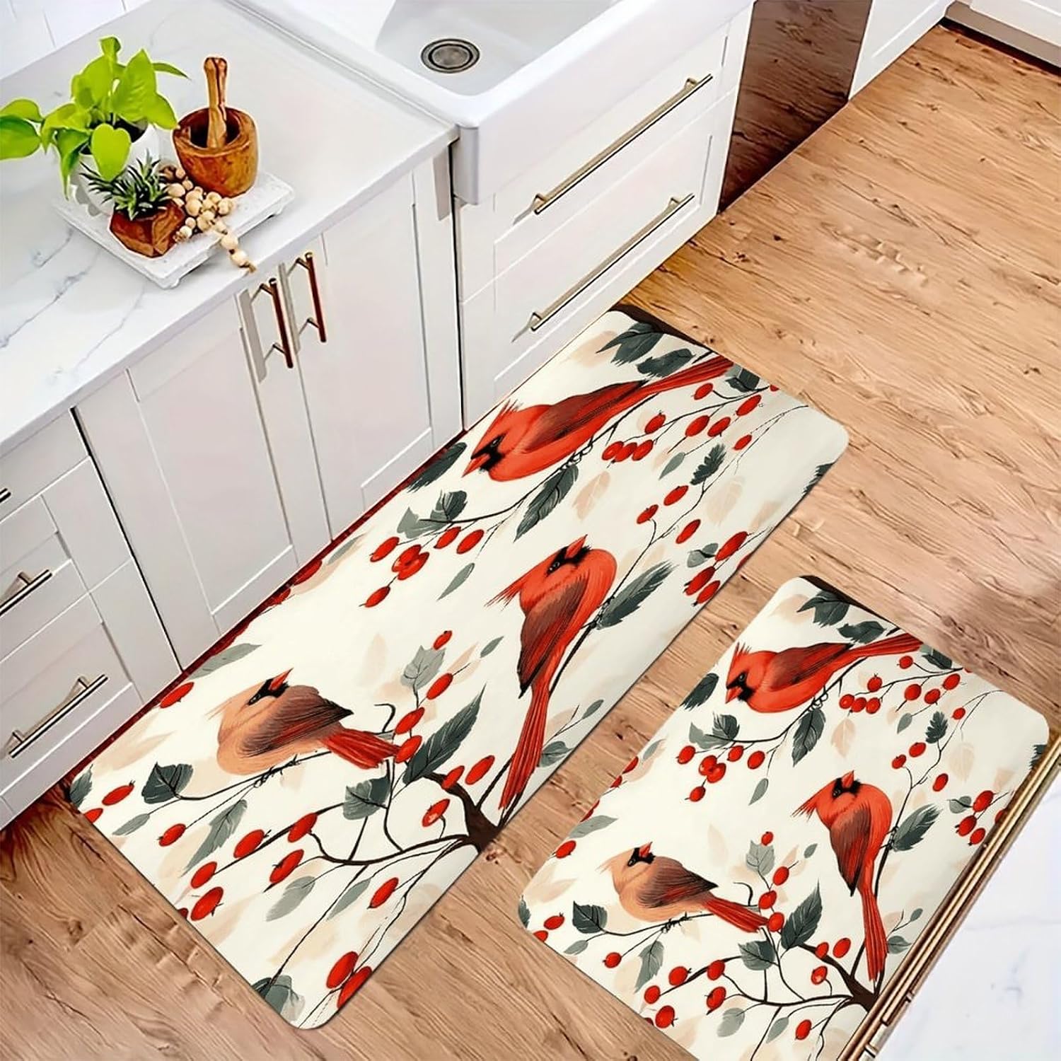Red Cardinal Bird_ Kitchen Mat Kitchen Rug Set | Kitchen Rugs Flannel Velvety Washable breathable Water Absorbent Soft ，kitchen utensils for Kitchen, Floor,Laundry