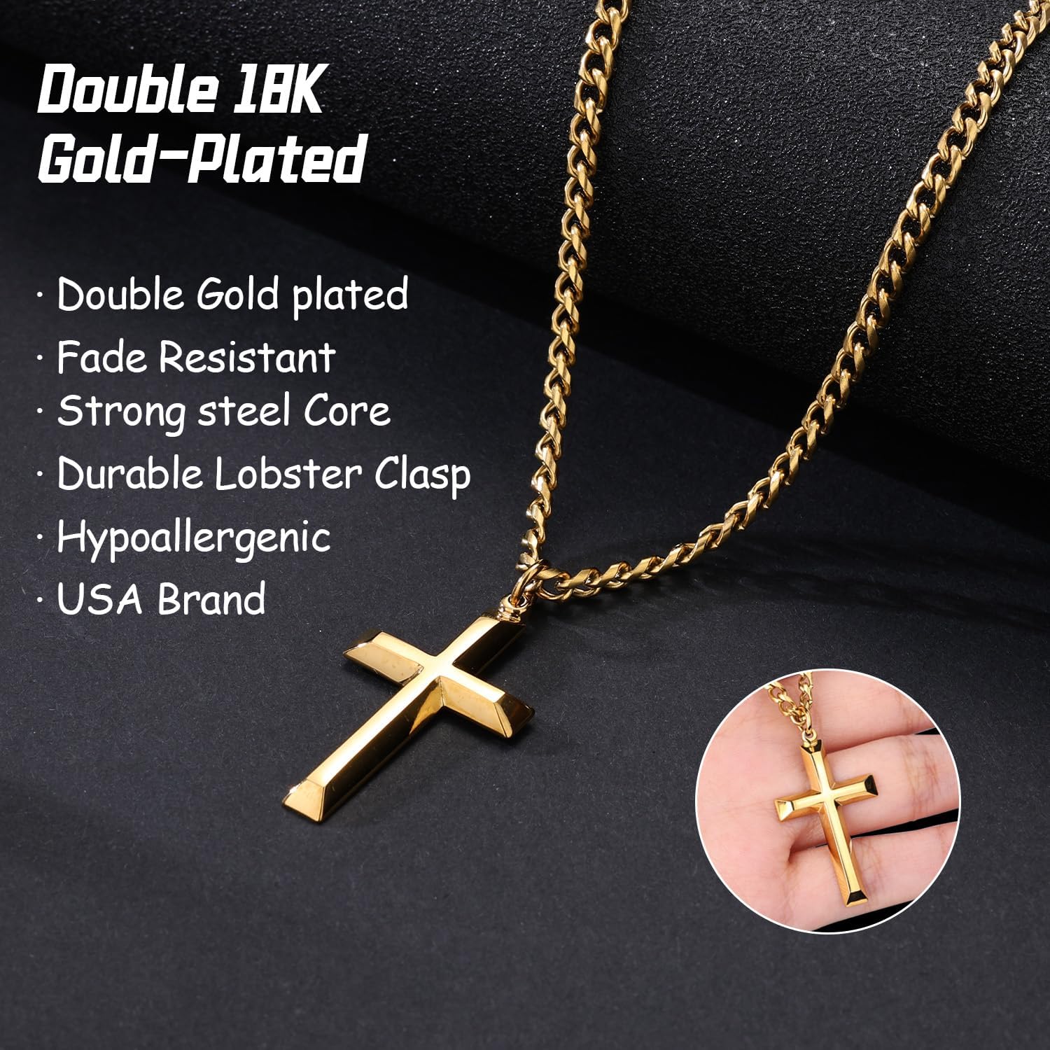 Heavenly Metals 18K Gold Plated Cross Necklace for Men & Boys –Stainless Steel or Gold Plated Pendant with Durable Curb Chain – 18" to 24" Length – USA Faith-Based Brand