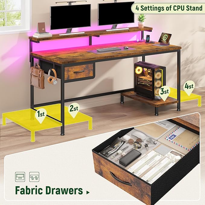 Escritorio de Oficina con Base para Monitor, Cajón y Luces L miniatura 8