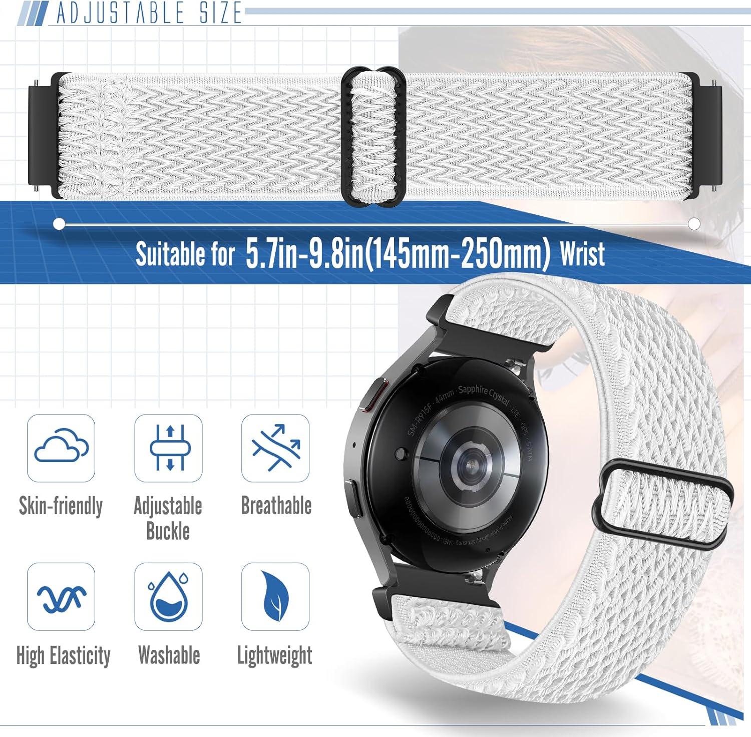 20mm Quick Release Elastic Band Compatible with Samsung Galaxy Watch 7 6 5 4 40mm 44mm/Garmin Vívoactive 6/5/3/3 Music/Forerunner 570 42mm/55/158/165/245/645/Amazift Active 2/Active/T-Rex 3 Pro 44mm - Image 5